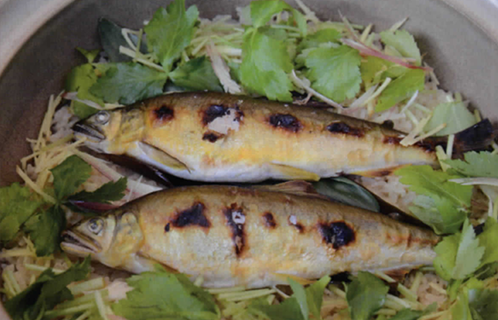 アユの土鍋ご飯と豆腐のサラダ