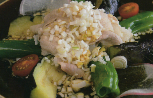 豚ばらしゃぶのネギしょうゆ掛けともりもり青ネギのパスタ