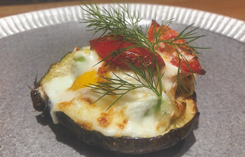 賀茂なすのグラタンと魚介と新ジャガのスープ